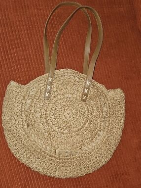 Round Woven Tote Bag with Tan Shoulder Straps - Beige